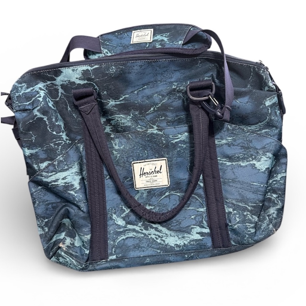 Herschel Supply Co Blue Marbled Tote Diaper Bag Red Stripe Lining - Picture 2 of 9